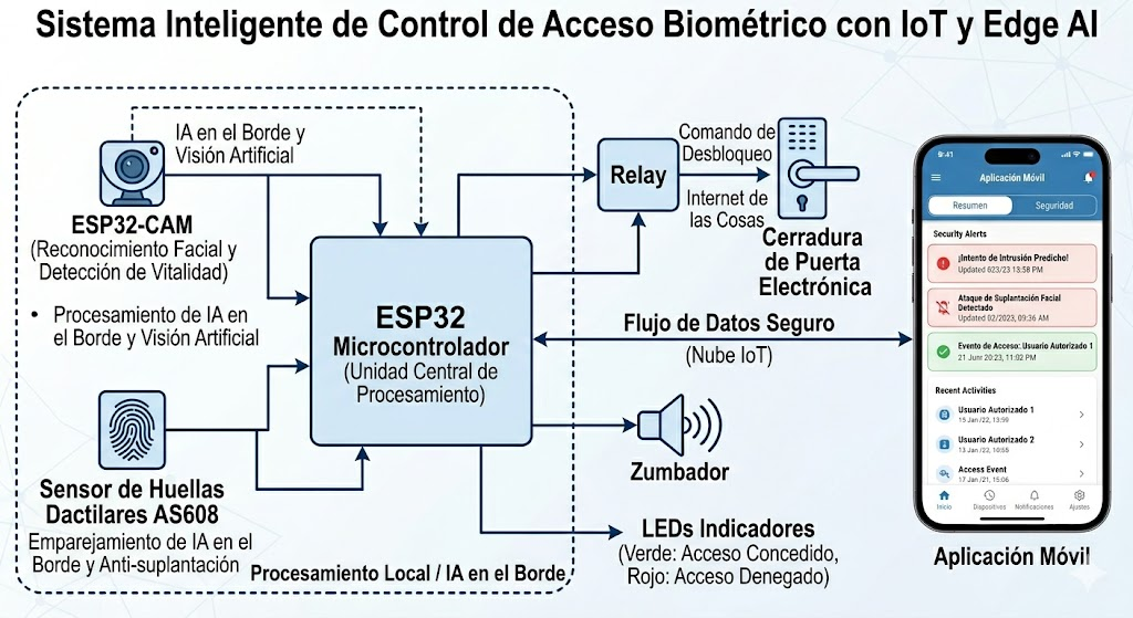 Diagrama propuesto que conecta ESP32-CAM, AS608 y ESP32 con relé, cerradura, indicadores y aplicación móvil.