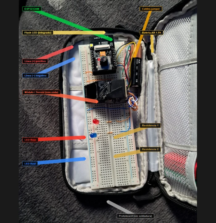 Fotografía del montaje con anotaciones originales sobre cámara, cables, protoboard e indicadores.